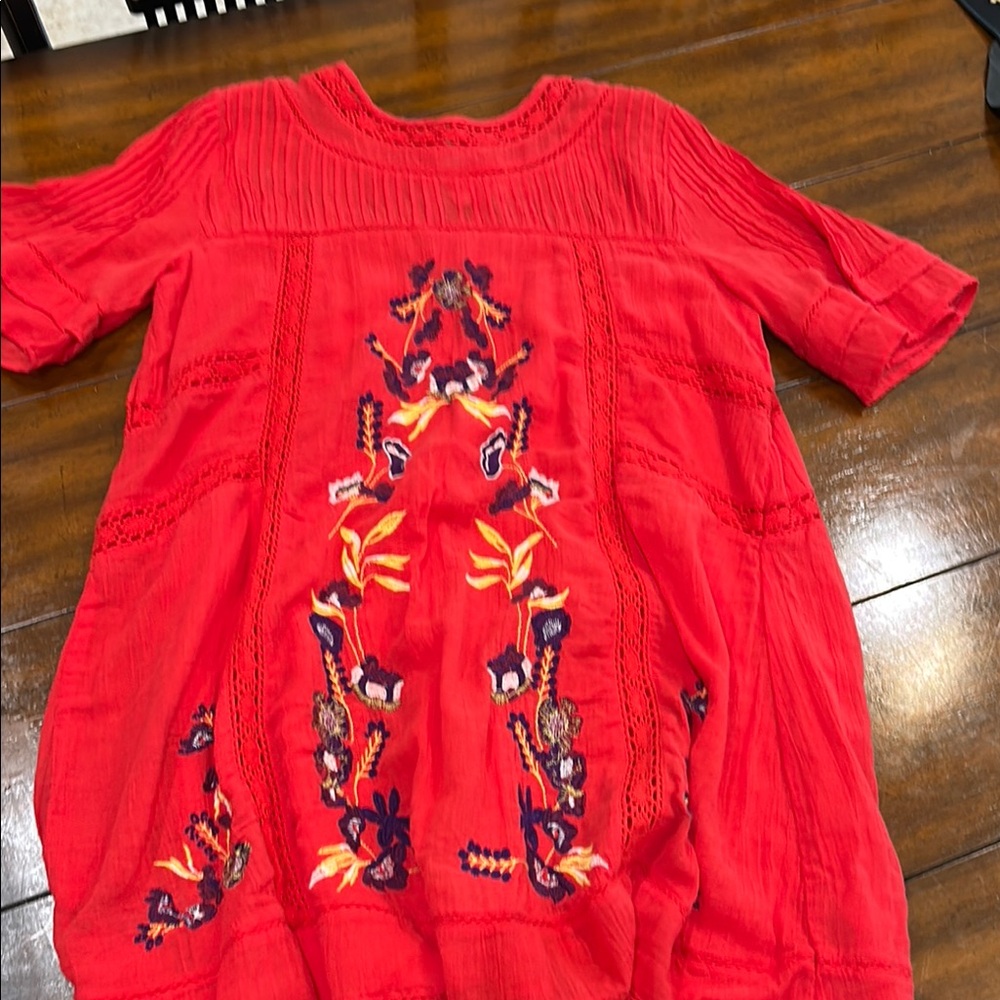 Red Textured Dress with Bold Floral Embroidery